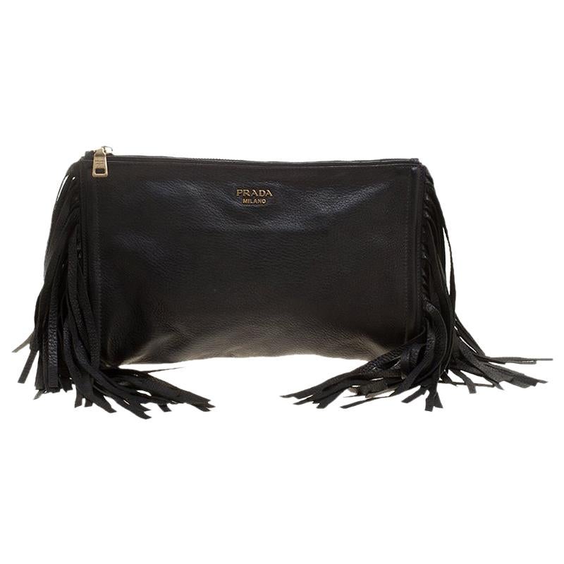 Prada Black Leather Fringe Clutch