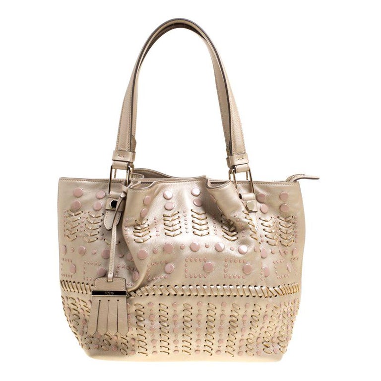 Tod's Metallic Beige Leather Small Studded Flower Tote For Sale at 1stdibs