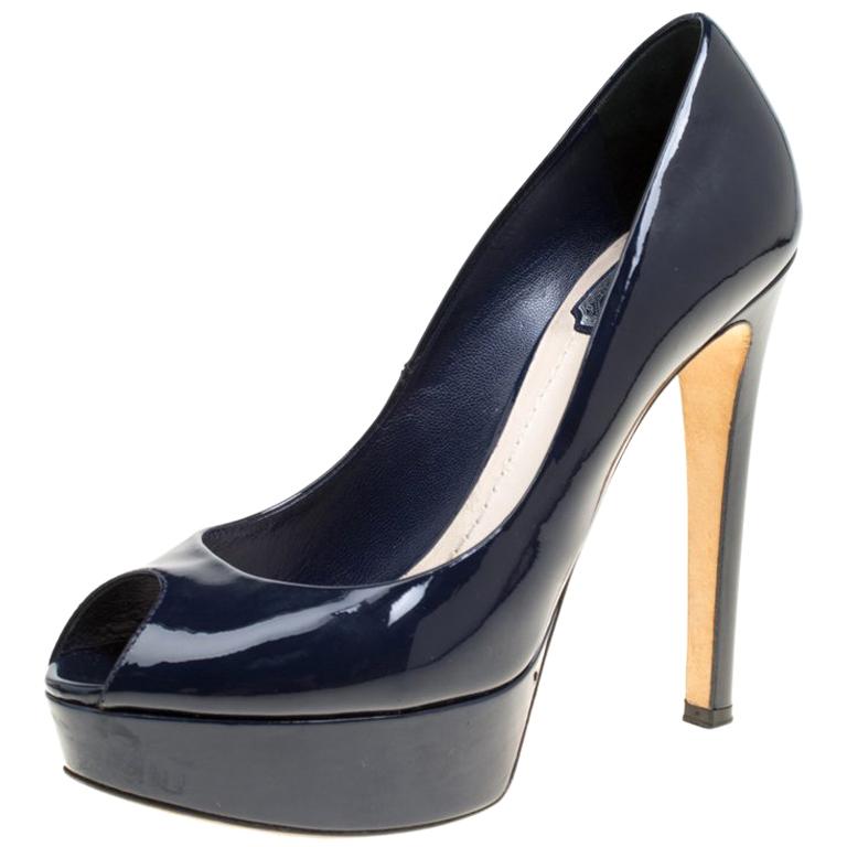 Dior Navy Blue Patent Leather Miss Dior Peep Toe Platform Pumps Size 38 ...