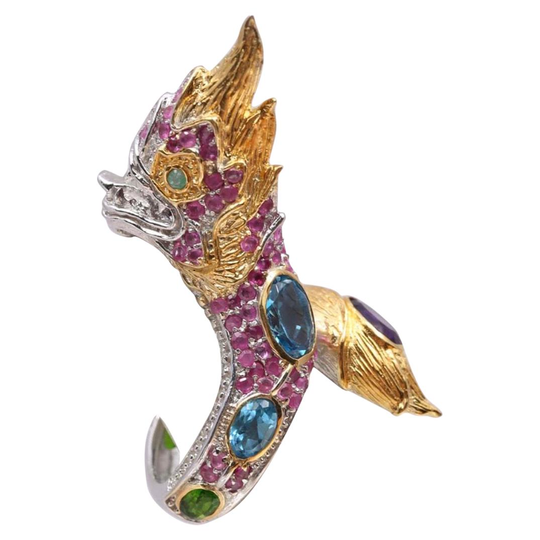 Fierce Dragon Sterling Gold Gemstone Dragon Ring-Ruby, Amethyst, Emerald, etc. For Sale
