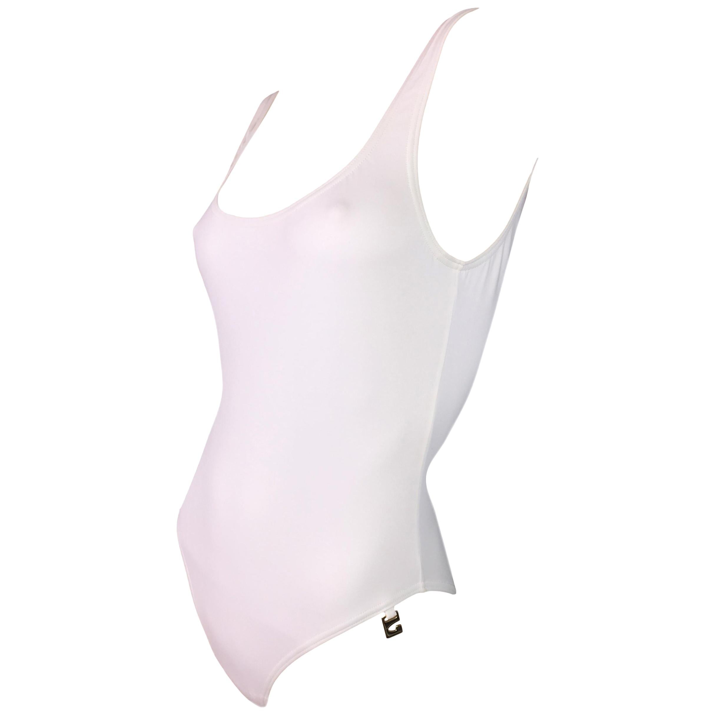 1990's Gucci Tom Ford White Swimsuit Bodysuit w/ Silver Logo Charm