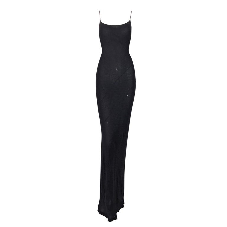 1997 Gucci by Tom Ford Semi-Sheer Black Silk Flowy Gown Dress Diagonal ...