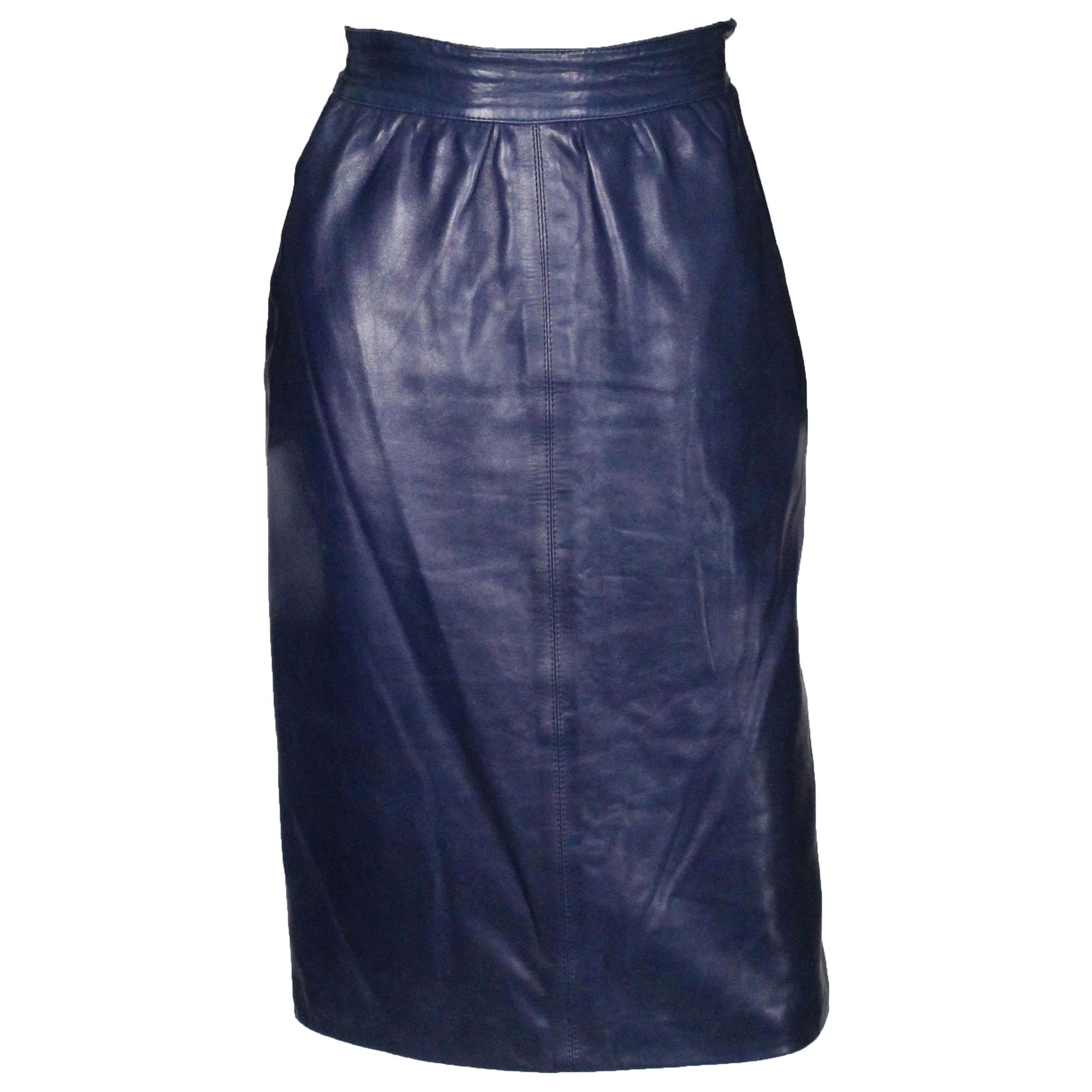 A vintage 1980s Blue Leather Skirt by Yves Saint Laurent Rive Gauche