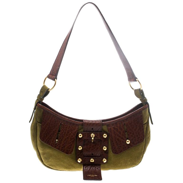 Saint Laurent Green/Brown Suede and Leather Shoulder Bag