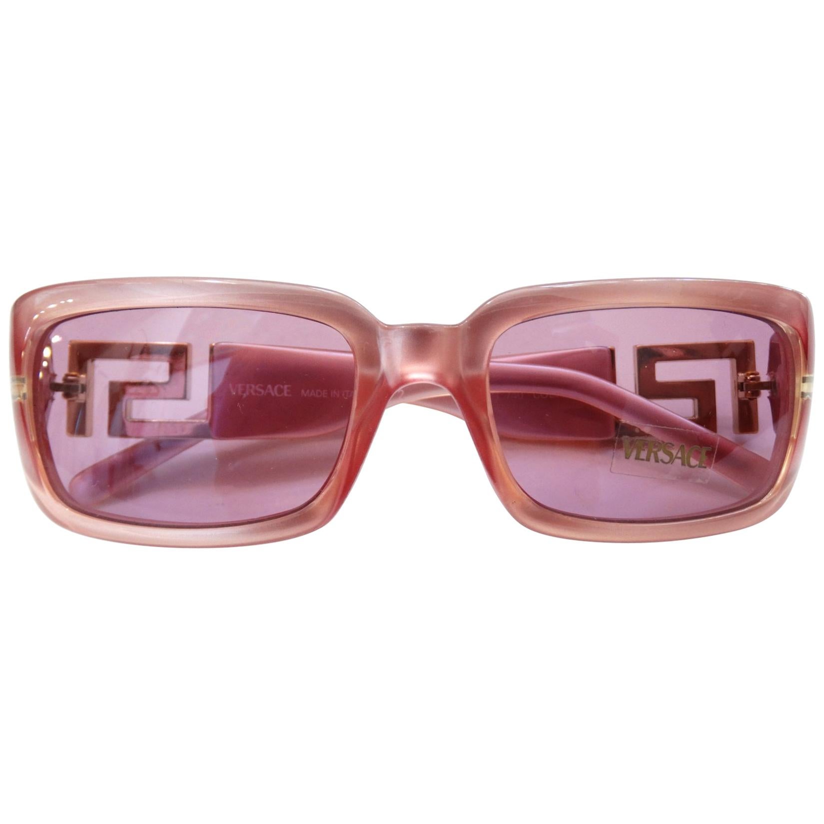 Versace 1990s Pink Greek Key Rectangle Sunglasses