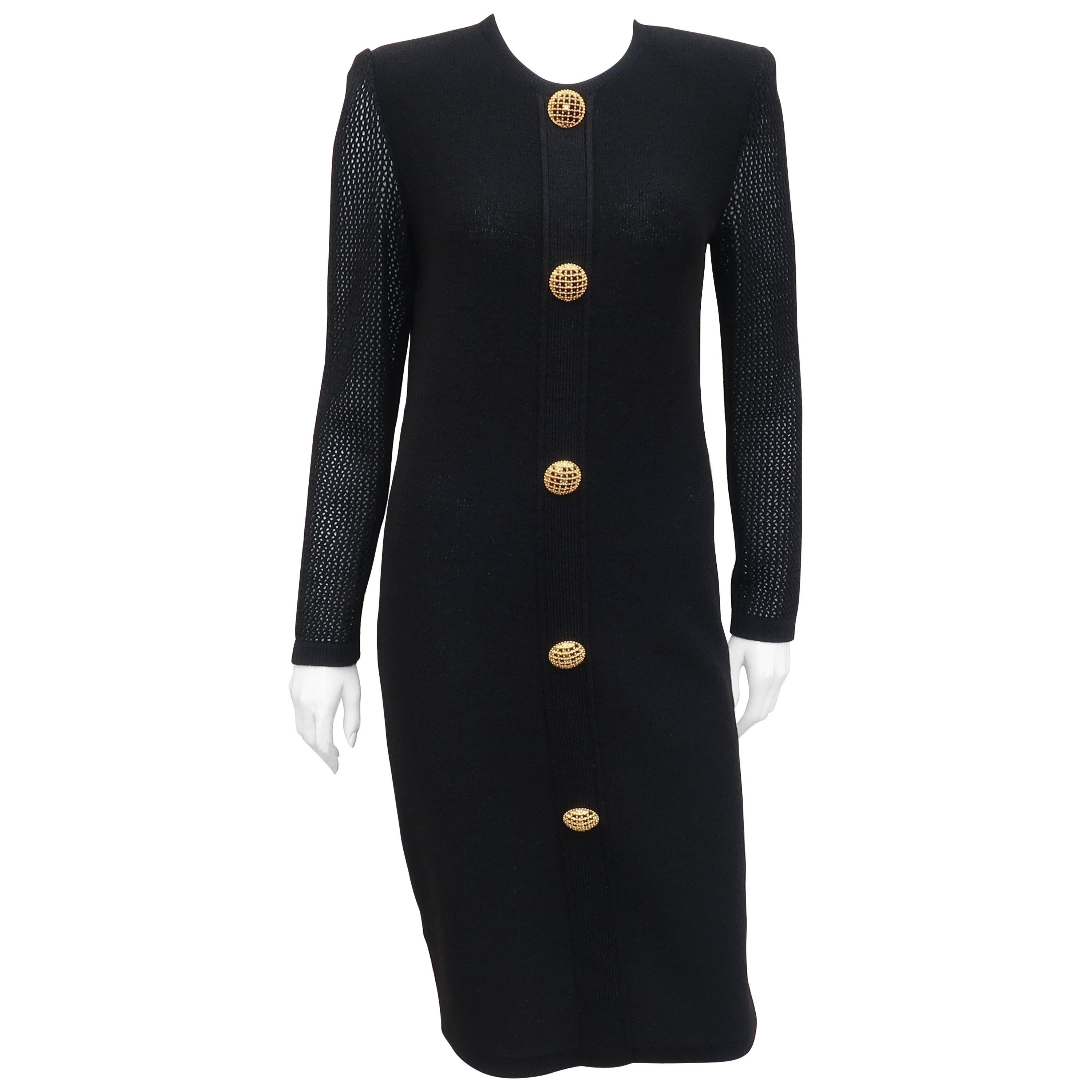 Scaasi 1980's Black Knit Dress With Large Gold Buttons