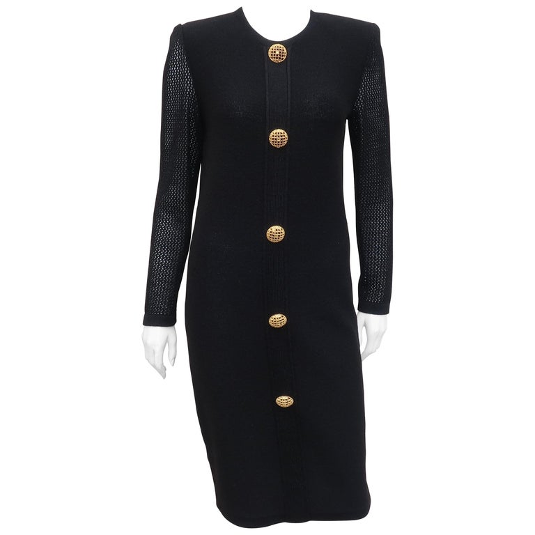Scaasi 1980's Black Knit Dress With Large Gold Buttons 1
