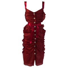 Dolce & Gabbana Red Ruched Button Front Dress with Pockets