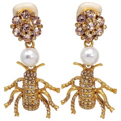 Oscar de la Renta Crystal Embellished Clip On Earrings in Gold, Insect Motif