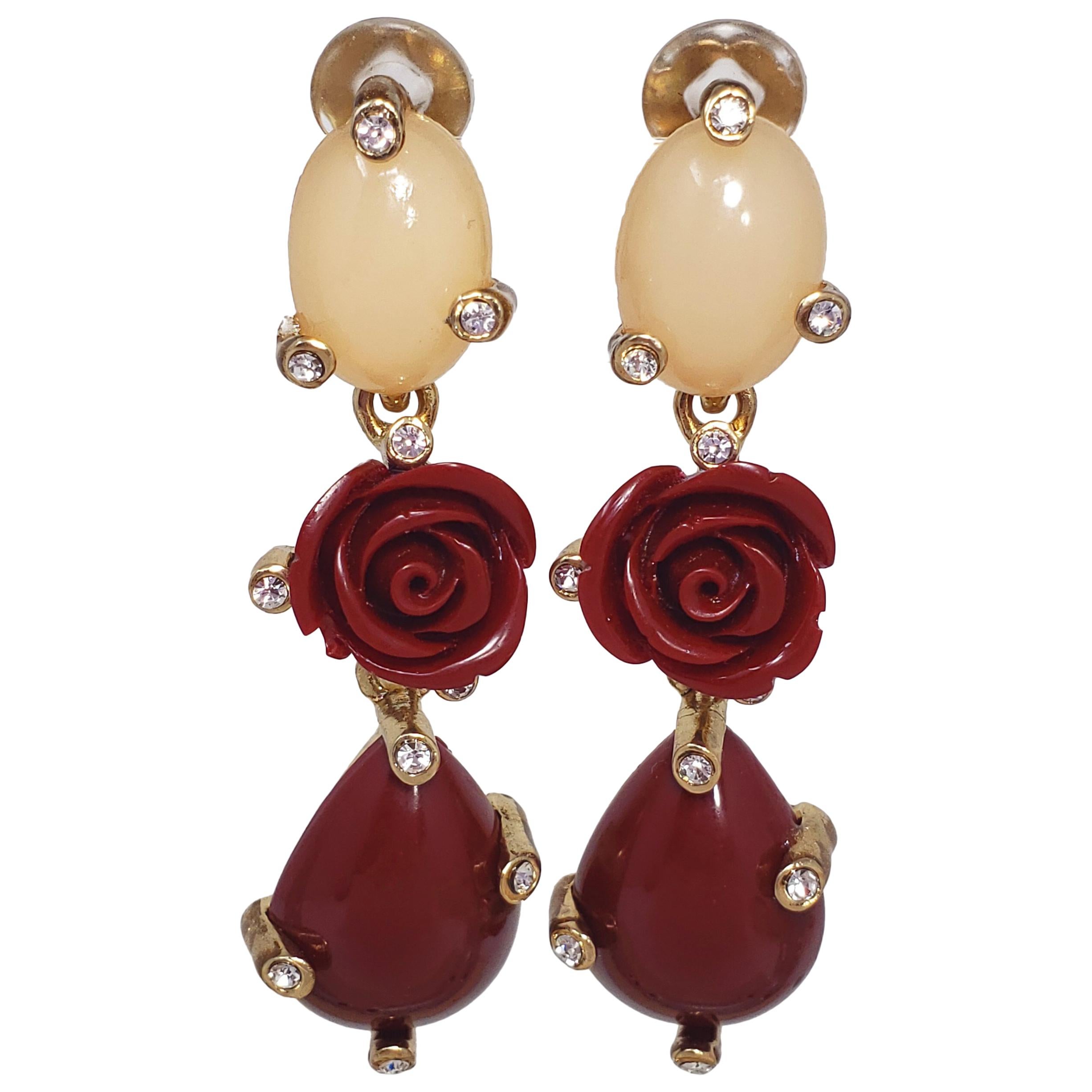 Oscar de la Renta Crystal and Faux Coral Dangling Flower Earrings