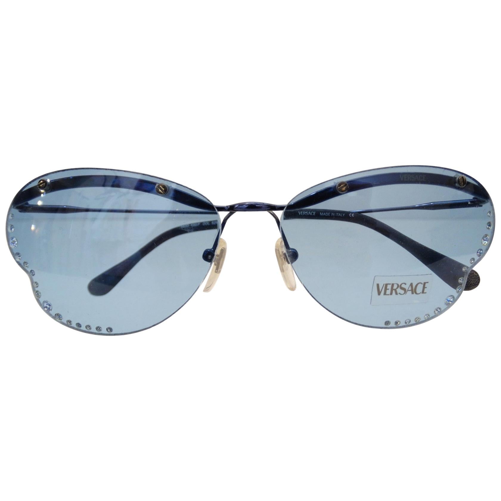 Versace 1990s Blue Butterfly Lens Sunglasses with Rhinestones