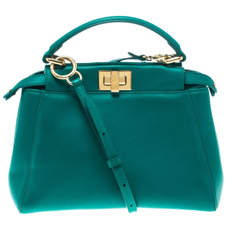 Fendi Green Leather Mini Peekaboo Top Handle Bag