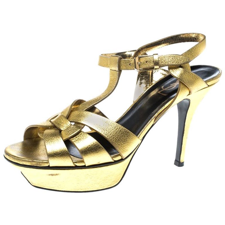 Saint Laurent Paris Metallic Gold Leather Tribute Platform Sandals Size ...
