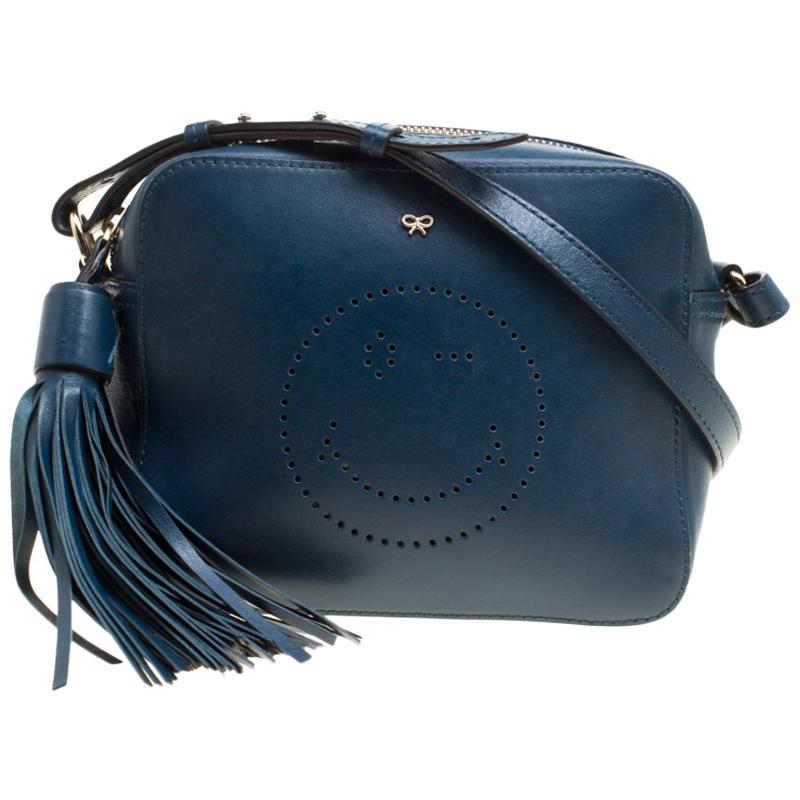 Anya Hindmarch Blue Leather Smiley Crossbody Bag