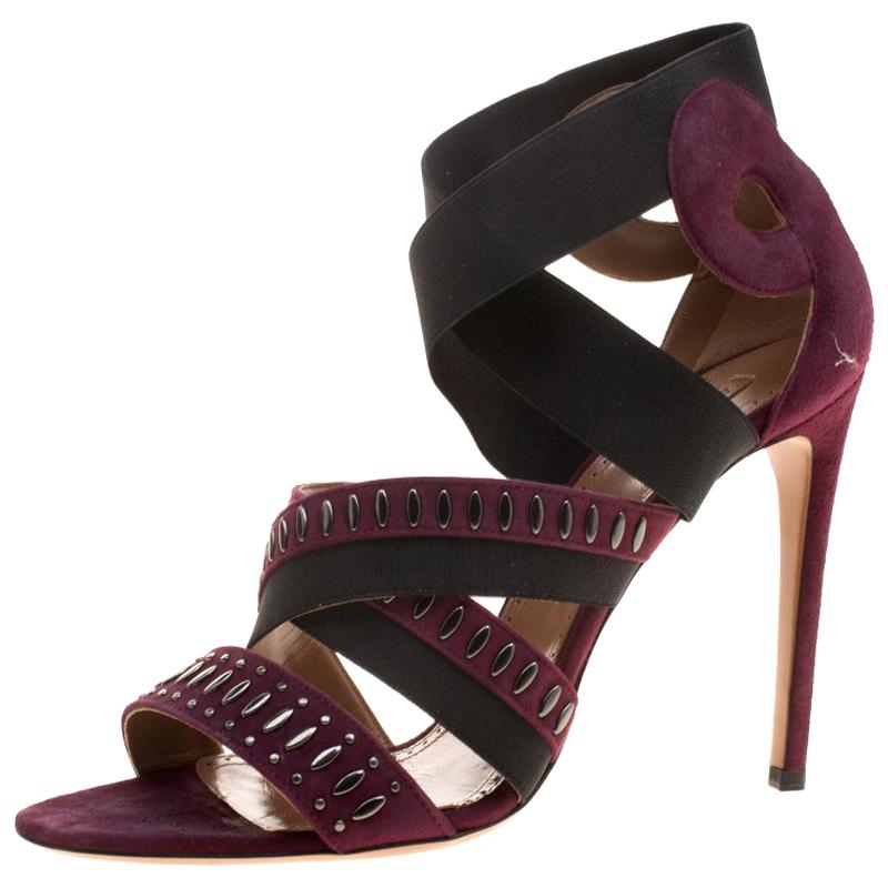 Alaia Bordeaux Studded Suede Cross Strap Peep Toe Sandals Size 41