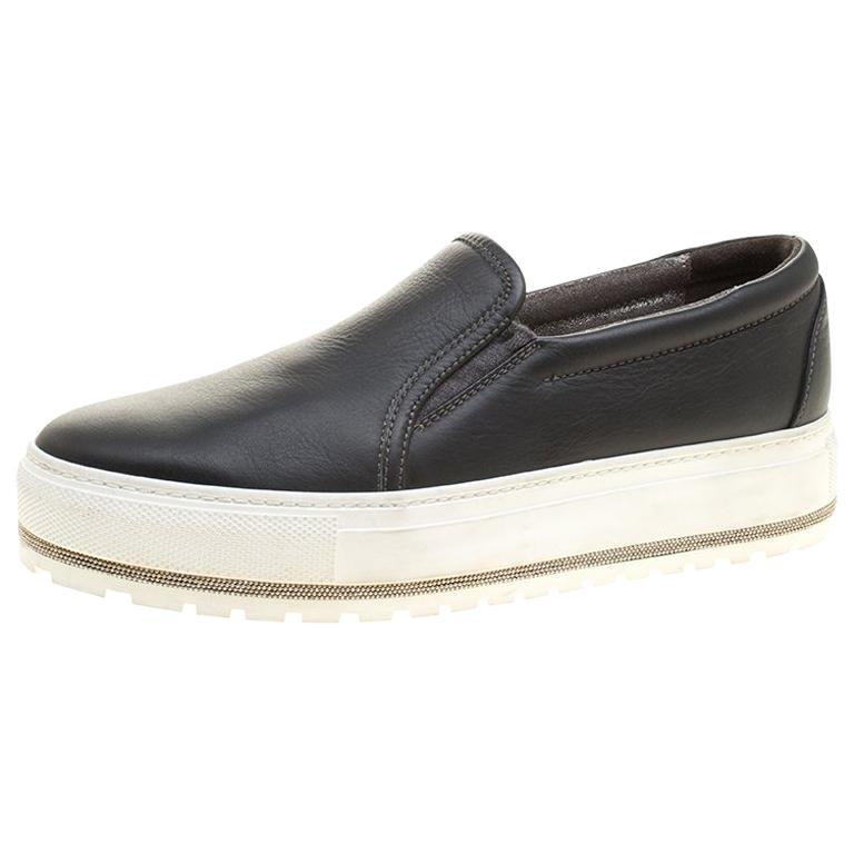 Brunello Cucinelli Black Leather Slip On Sneakers Size 39.5 For Sale at ...