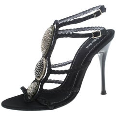 Baldinini Black Braided Satin Crystal Embellished Ankle Strap Sandals Size 36