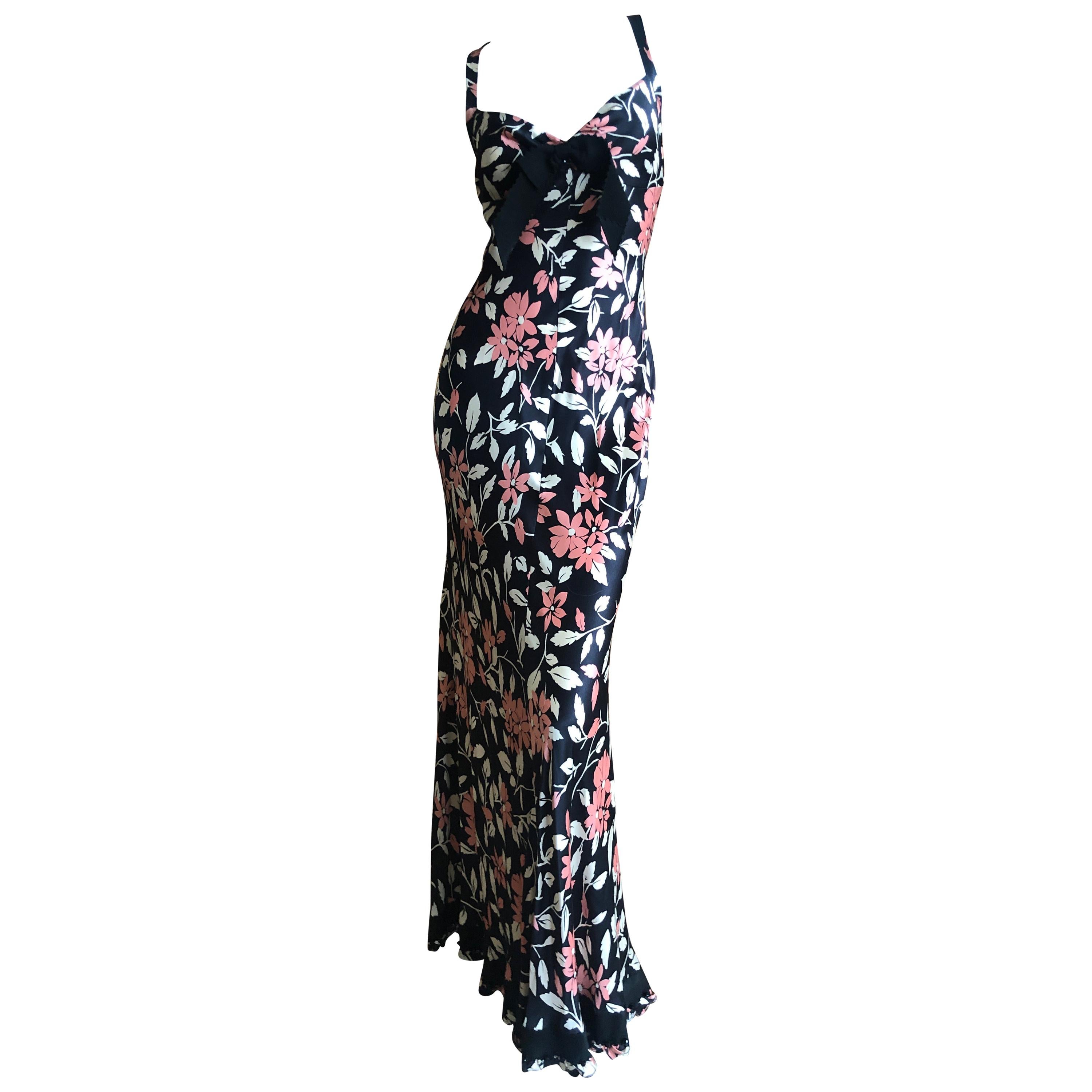 Moschino Vintage Silk Floral Maxi Dress with Jet Beaded Grosgrain Ribbon Trim  For Sale