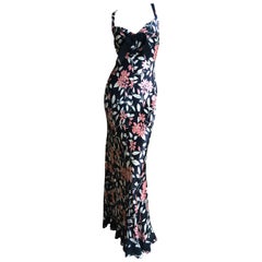 Moschino Vintage Silk Floral Maxi Dress with Jet Beaded Grosgrain Ribbon Trim 