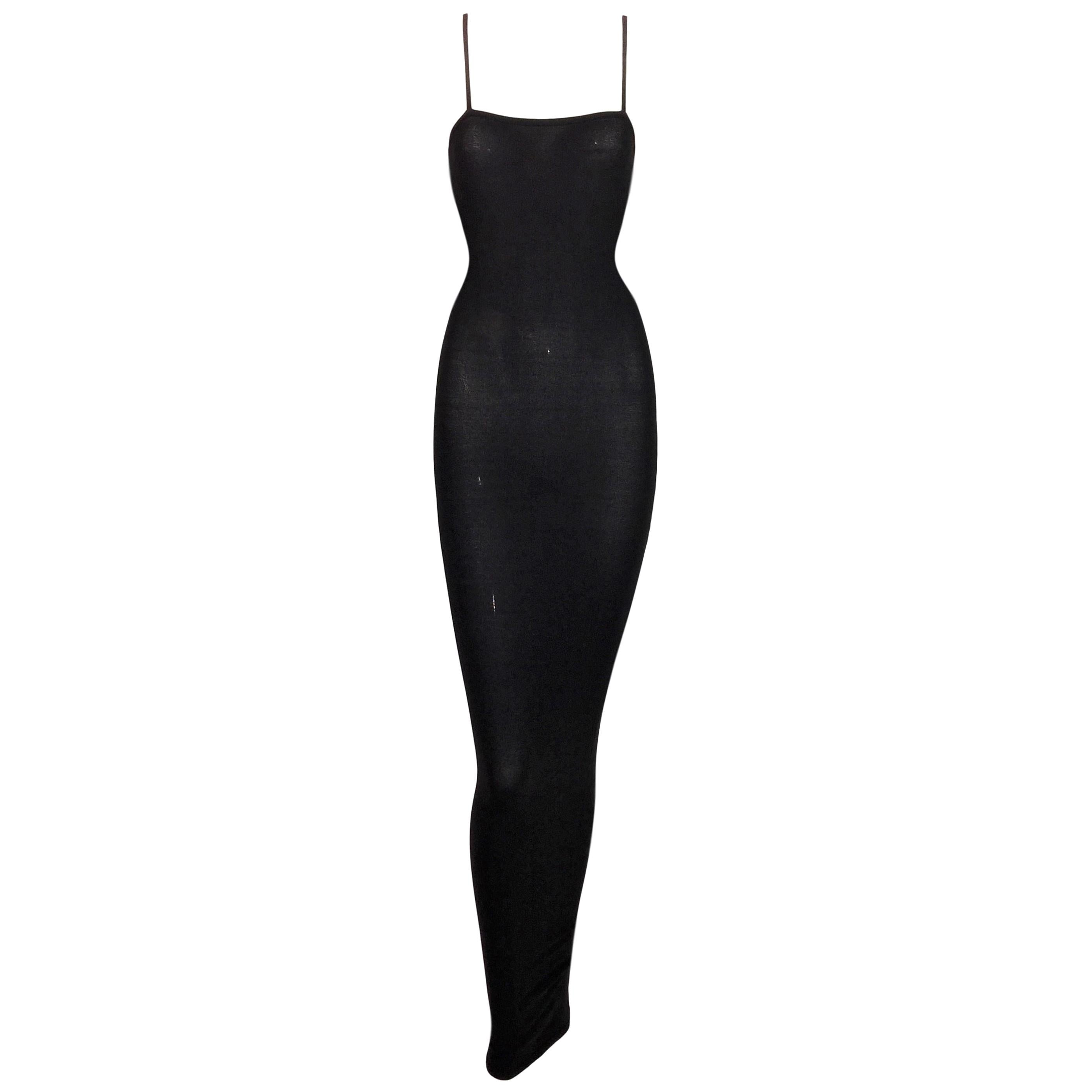1998 Dolce & Gabbana Nylon Bodystocking Long Black Bodycon Dress M