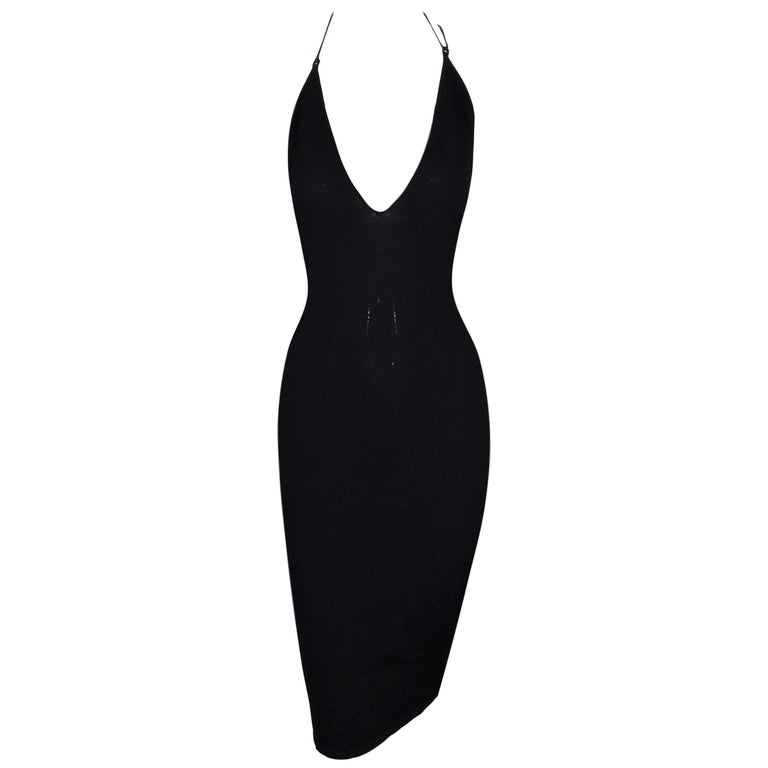2001 Gucci by Tom Ford Plunging Black Bodycon Backless Strappy Dress at ...