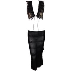 S/S 2000 Gucci Tom Ford Sheer Black Plunging Lace Crop Top & Knit Skirt