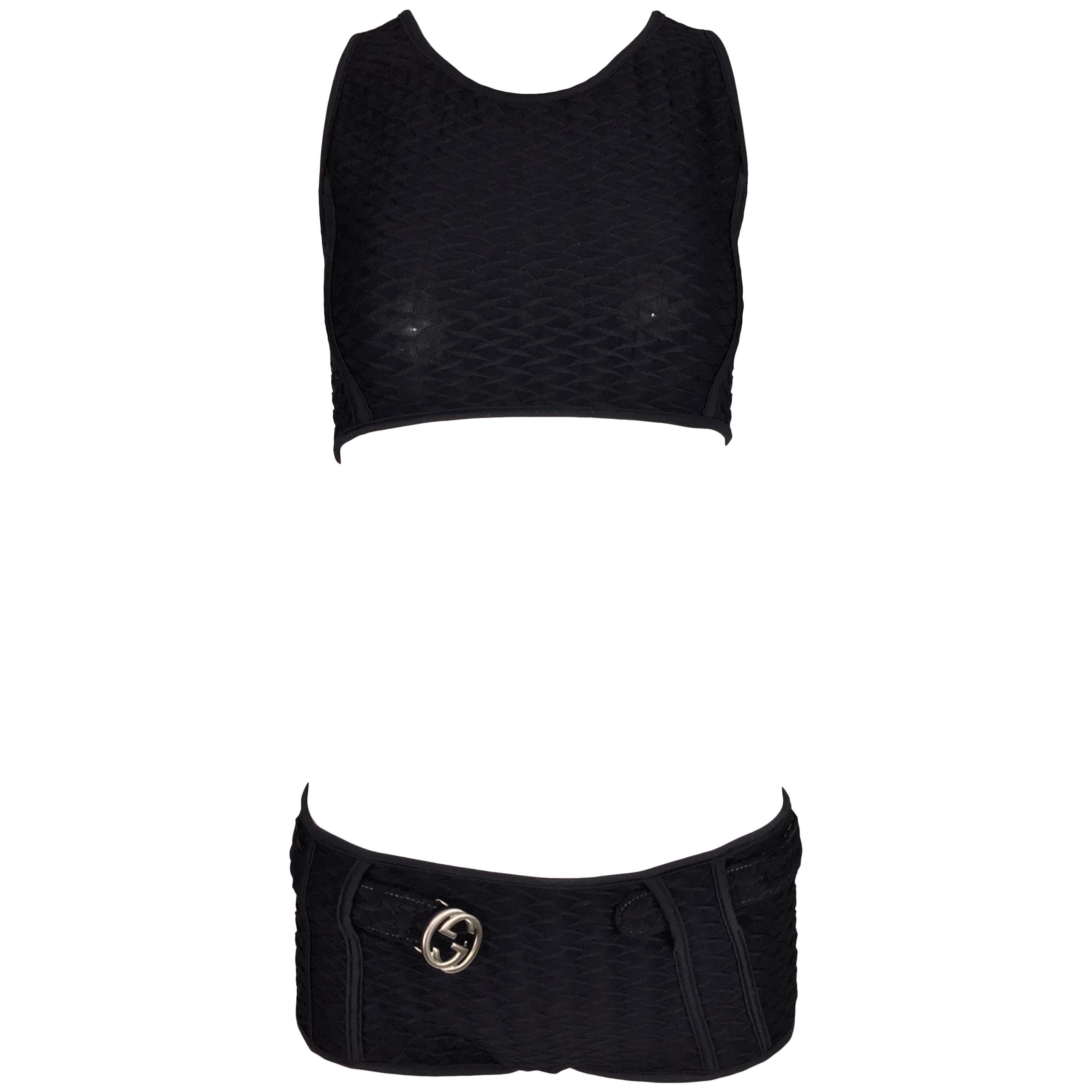 S/S 1996 Gucci Tom Ford Black Bond Girl Crop Top & Shorts Logo Belt Set