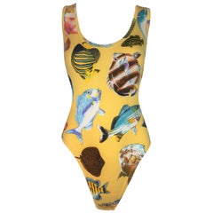 1995 Gucci by Tom Ford Yellow Ocean Fish Print Bodysuit