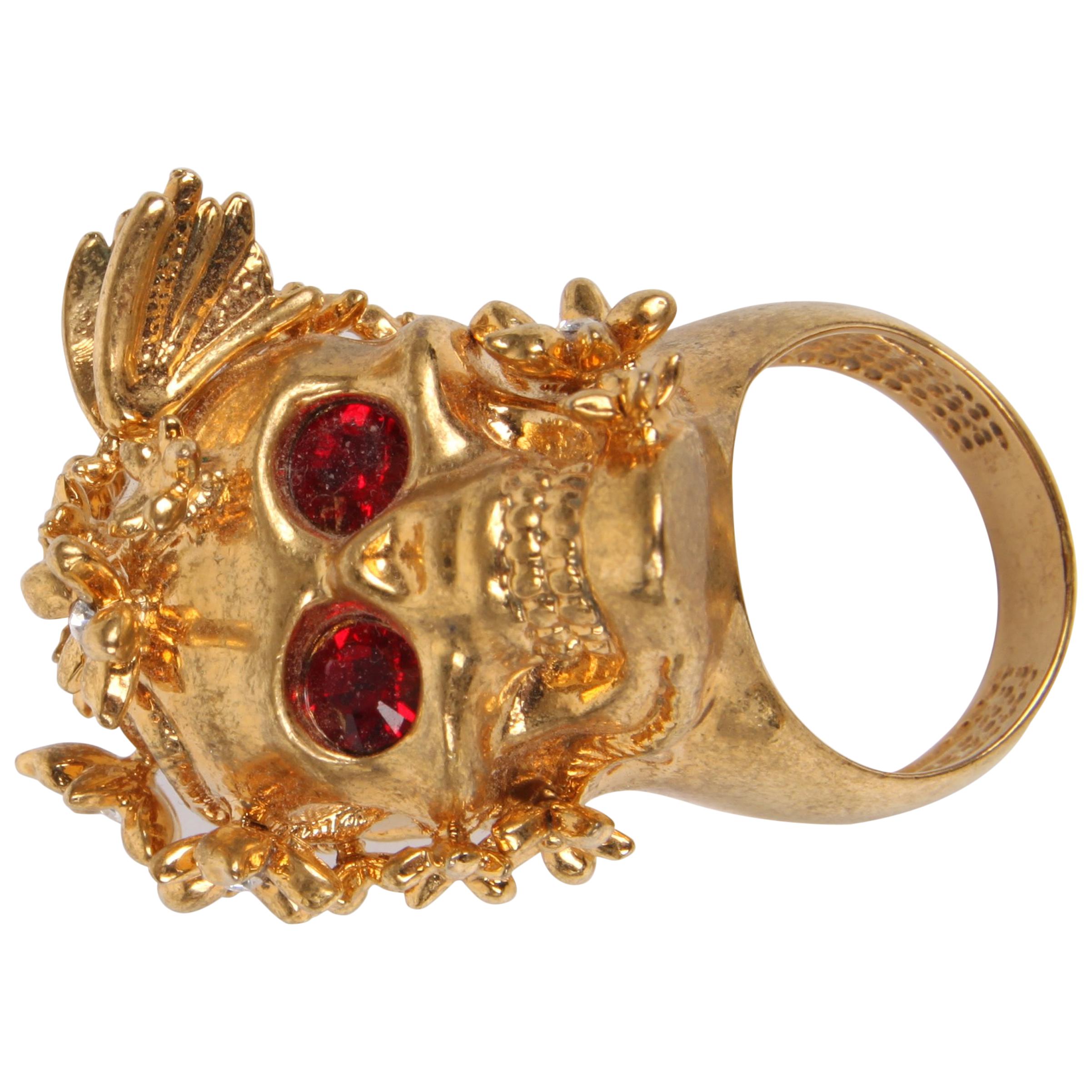 Alexander McQueen Shiny Butterfly Skull Cocktail Ring - gold/red
