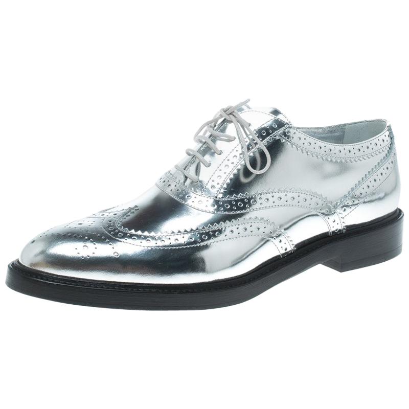 Burberry Metallic Silver Brogue Leather Gennie Lace Up Oxfords Size 40