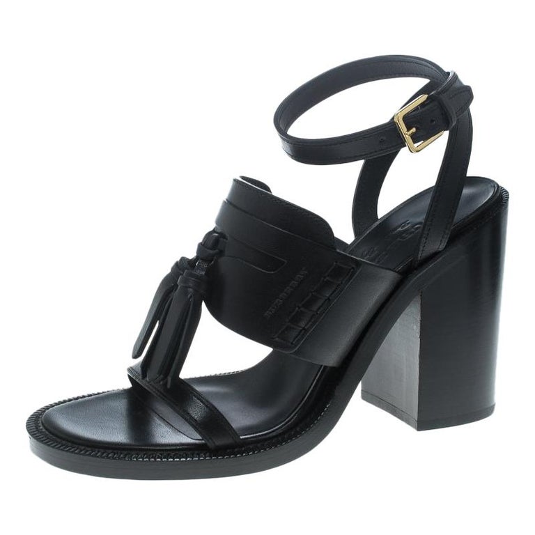 Burberry Black Leather Bethany Tassel Detail Block Heel Sandals Size 40 ...