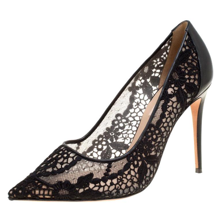 Valentino Black Lace Fusion Pointed Toe Pumps Size 38 at 1stDibs