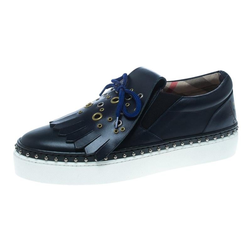 Burberry Navy Blue Leather Kiltie Fringe Slip On Sneakers Size 39.5