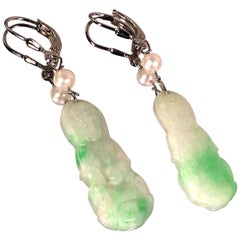 Beautiful soft green and white dangle Jade Earrings with Pearl accent