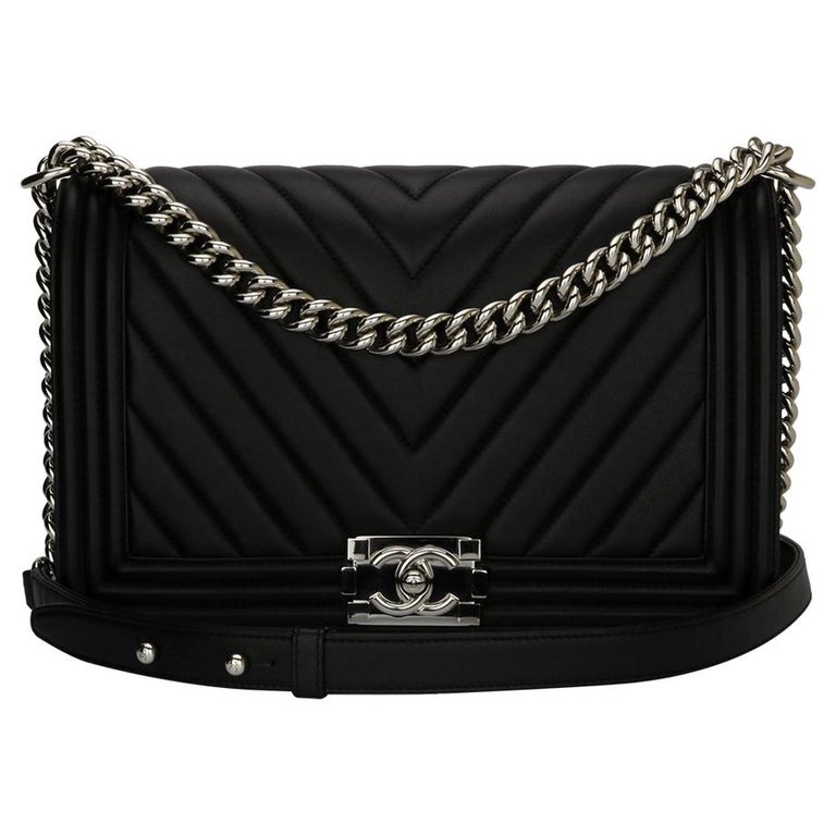 CHANEL New Medium Chevron Boy Bag Black Calfskin with Shiny Silver