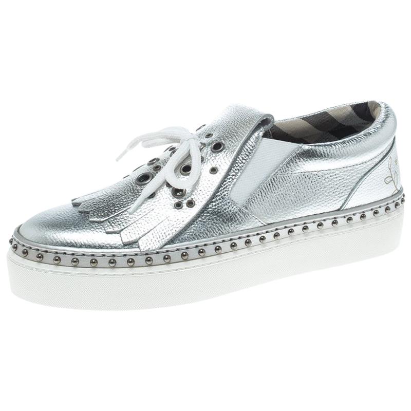 Burberry Metallic Silver Kiltie Fringe Detail Slip On Sneakers Size 39