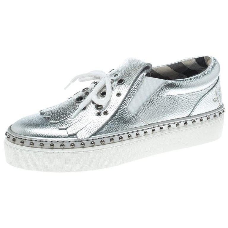 Burberry Metallic Silver Kiltie Fringe Detail Slip On Sneakers Size 39 For  Sale at 1stDibs
