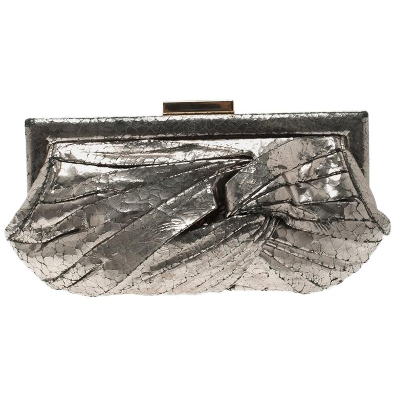 Anya Hindmarch Metallic Silver Crackled Leather Frame Clutch