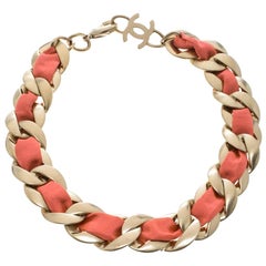 Chanel Pink Fabric Gold Tone Chain Link Choker Necklace