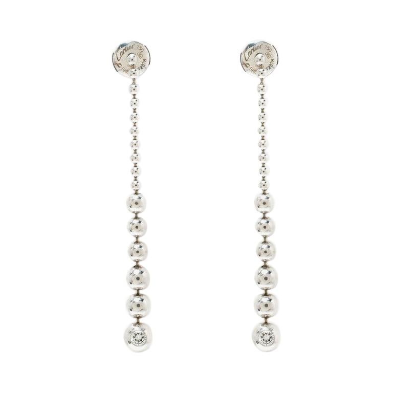 Cartier Diamond & 18k White Gold Graduating Ball Bead Drop Long Earrings