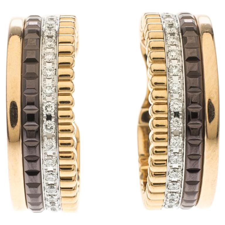 Boucheron Quatre Classique Diamond PVD 18k Three Tone Gold Hoops Earrings