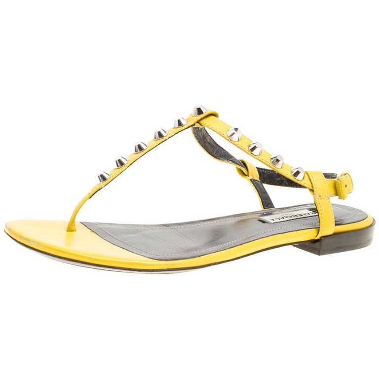 Balenciaga Yellow Leather Arena Studded Thong Sandals Size 38