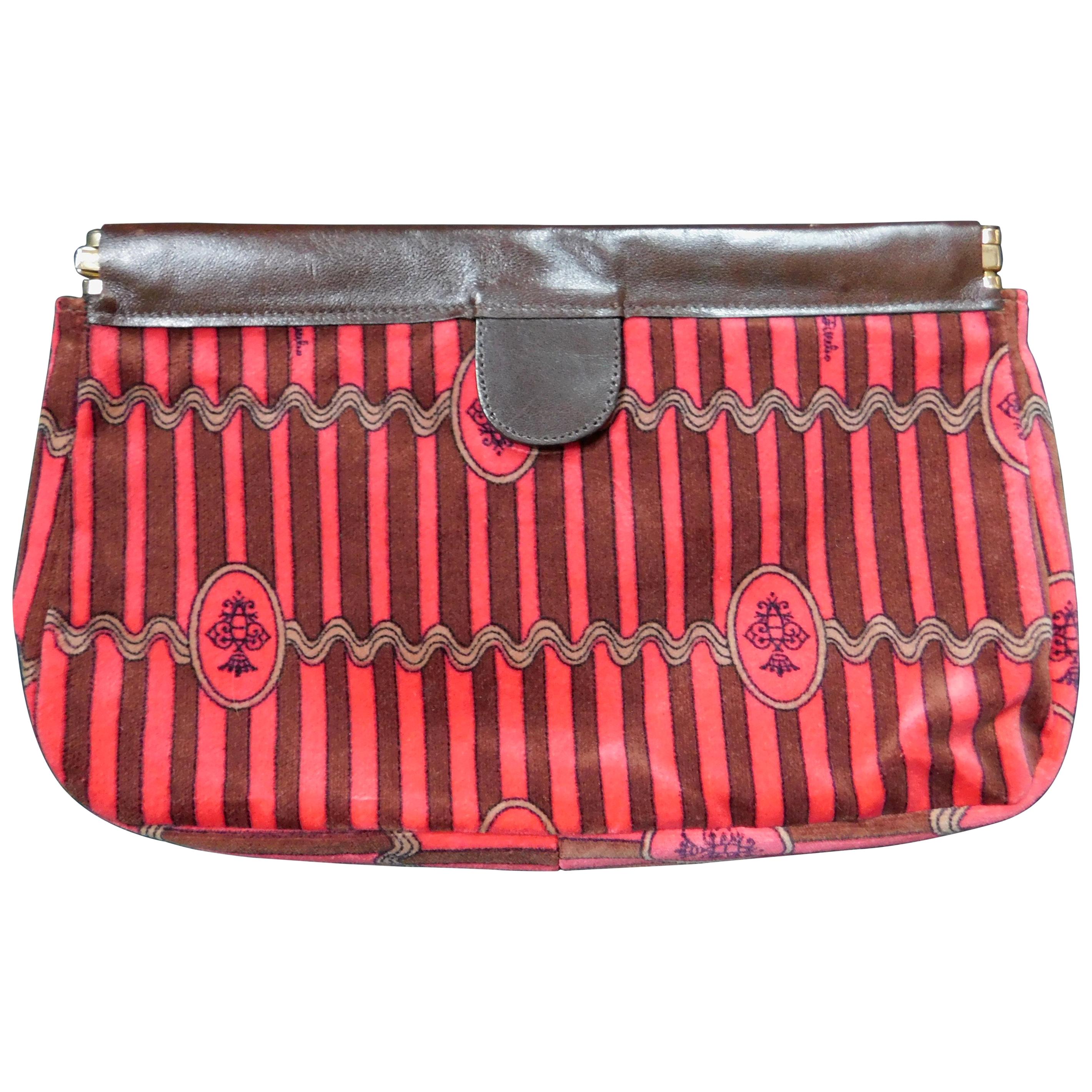 Vintage Emilio Pucci Cotton Print Brown and Pink Striped Velvet Clutch Handbag  im Angebot