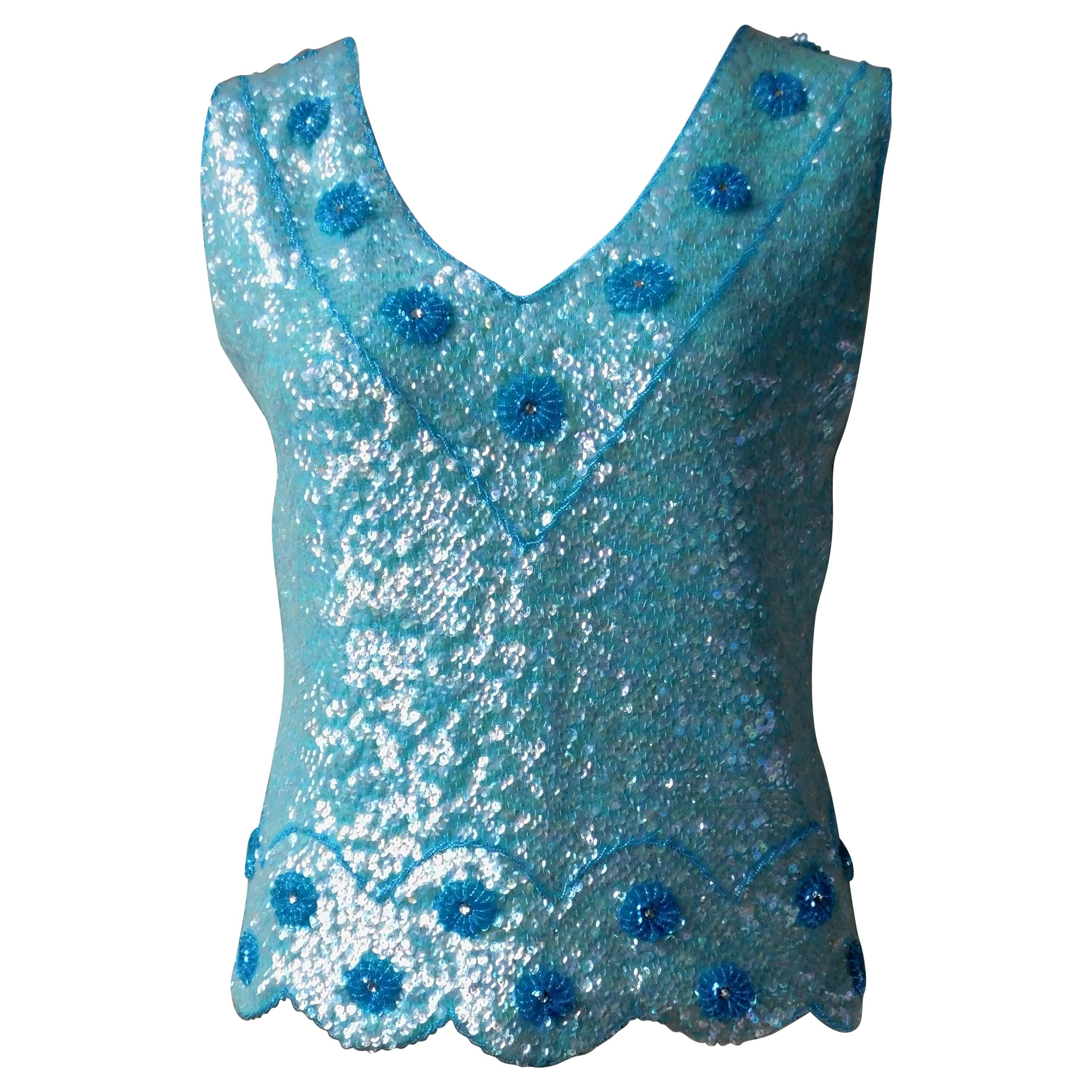 Vintage Aqua Blue Cashmere Hand Beaded and Sequined Sleeveless V Neck Top  For Sale