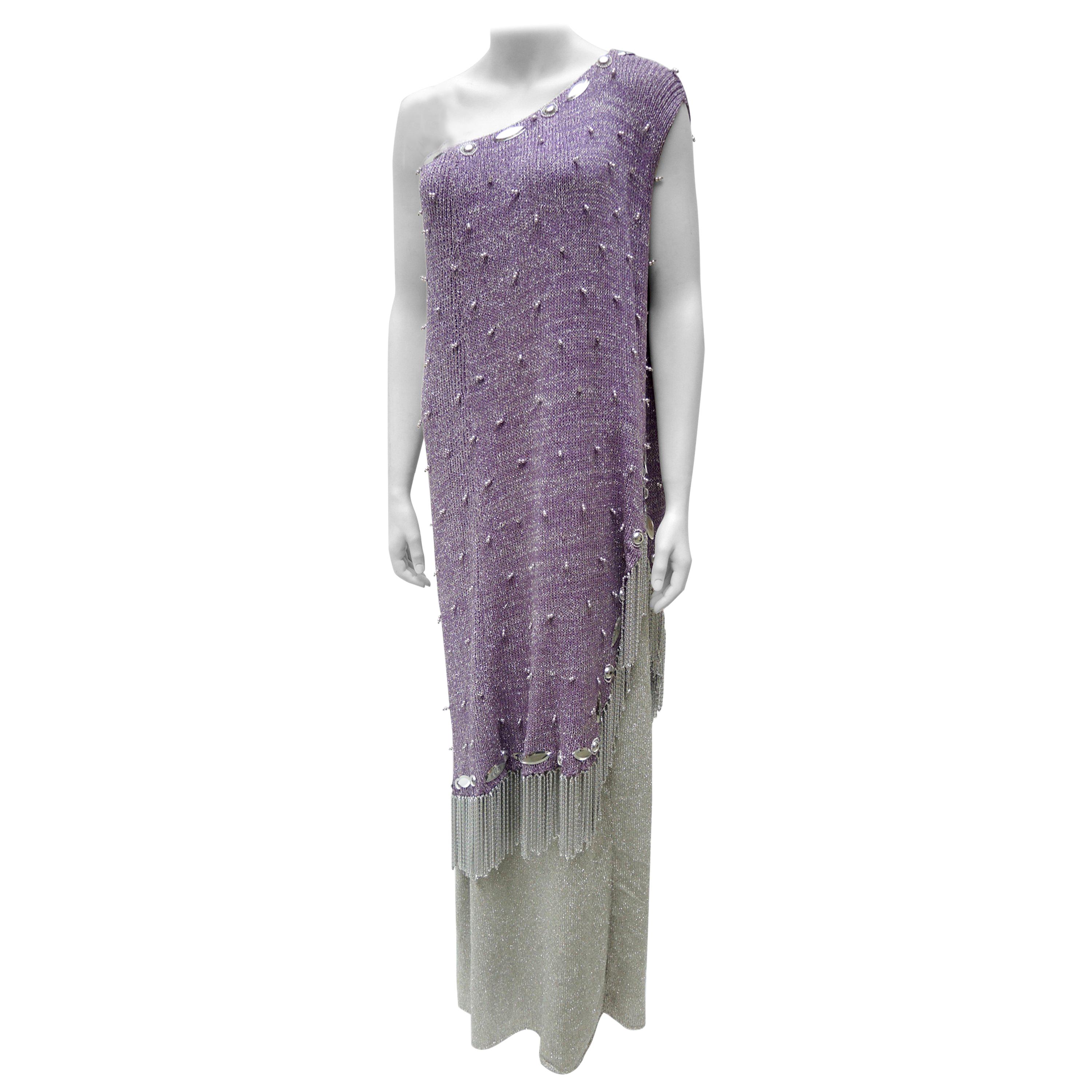 Adolfo  Purple & Silver Knit Chrome Chain Fringed Gown For Sale