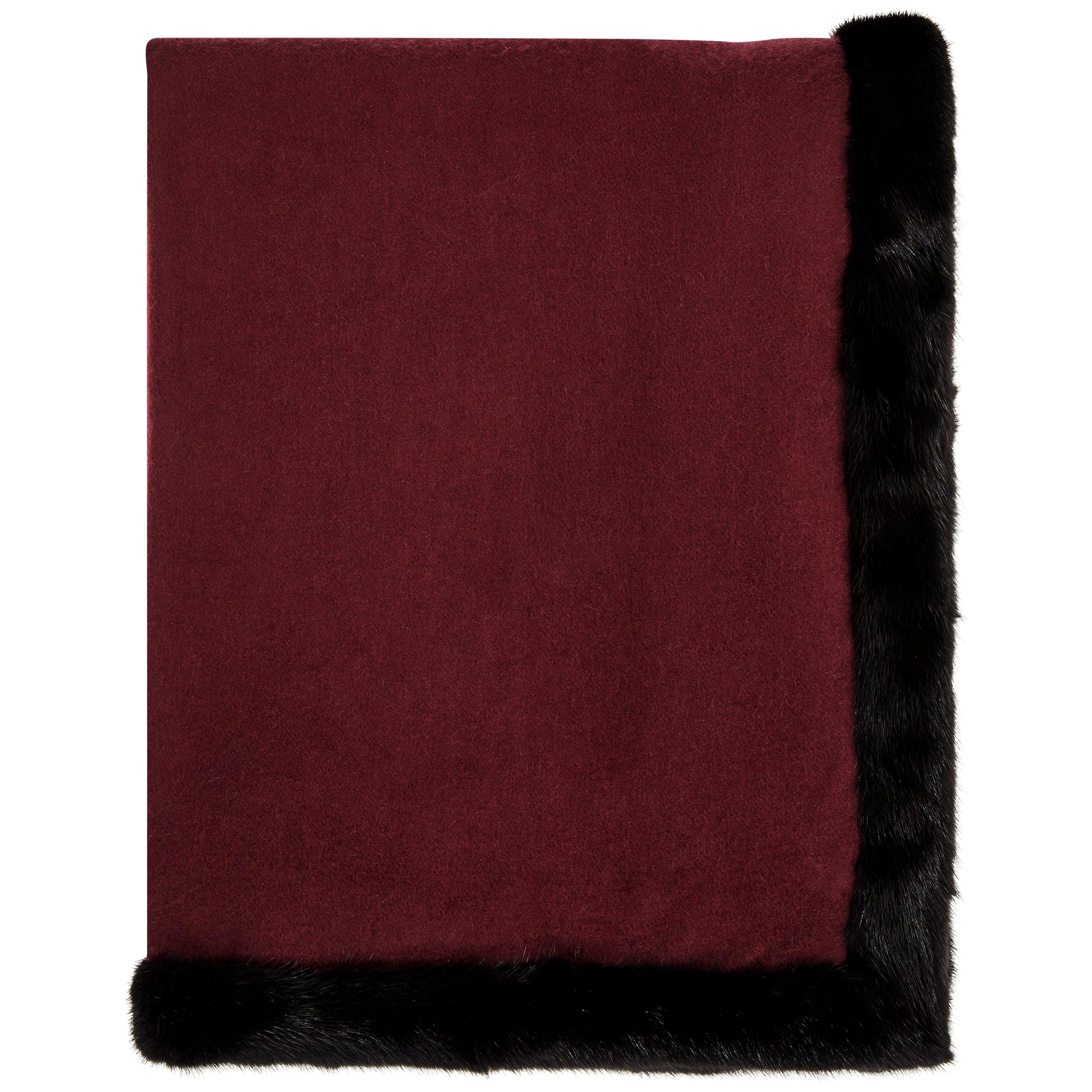 Verheyen London Mink Fur Trimmed Black & Burgundy Cashmere Shawl - Brand New