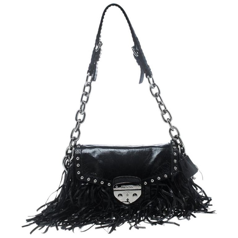 Prada Black Vitello Shine Leather Fringe Shoulder Bag For Sale at 1stDibs
