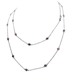 Rope Necklace in 14K White Gold 36" Length with Blue and Pink Round Diamonds