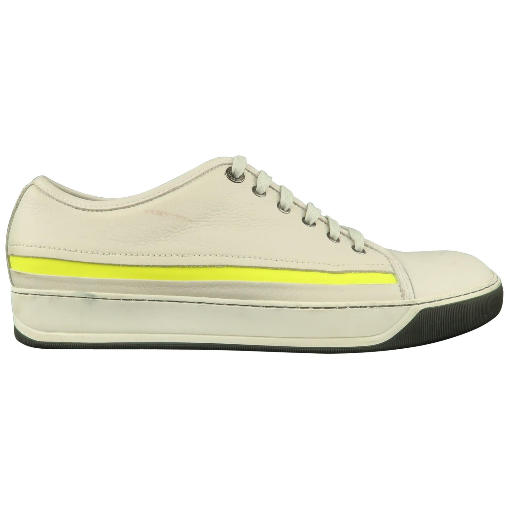 LANVIN Size 10 Off White Leather Neon Stripe Lace Up Sneakers