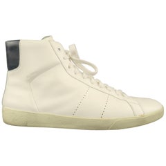 SAINT LAURENT Size 10 White & Navy Leather High Top SL/06M Sneakers $285.00